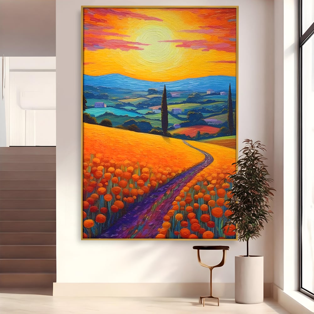 Tablou canvas cu pictura peisaj cu drum si chiparos, in rama de aluminiu auriu